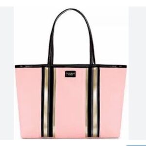 NWT Victoria’s Secret Tote travel blush pink, gold and black stripes 9x12